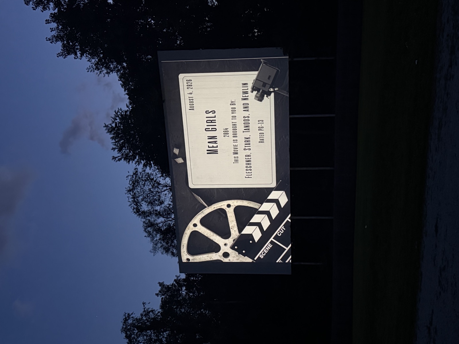 Drive-in screen slide: Mean Girls (2004) brought to you by Fleschner, Stark, Tanoos, and Newlin